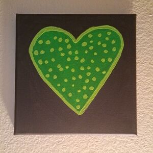 Green Polka Dot Heart Acrylic Painting On Canvas Original Signed 8x8"